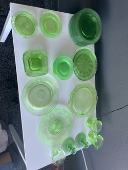 Vintage Uranium Glass Dinnerware & Serving Lot – Depression Era – Glows Under UV - 34 pieces