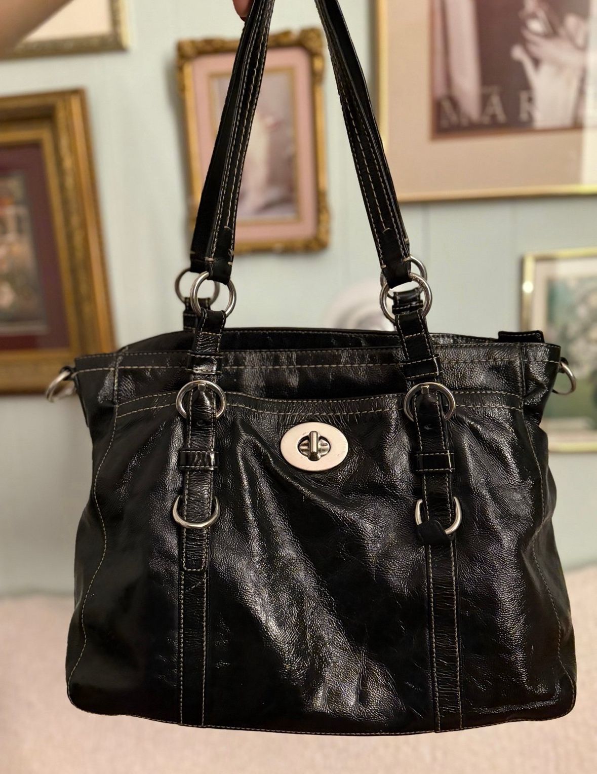 Coach Chelsea Turn Lock Black Patent Leather Shoulder Tote Bag