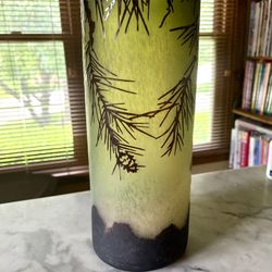 Antique Art Nouveau Acid Cut Cameo Art Glass Pine Branch Design Pillar Vase 14.5”