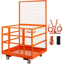 Forklift Safety Cage, 1400lbs Load Capacity, 43'' x 45'' Forklift Work Platform with Safety Harness & Lock, Drain Hole & Wheels & Tool Basket, Dual No