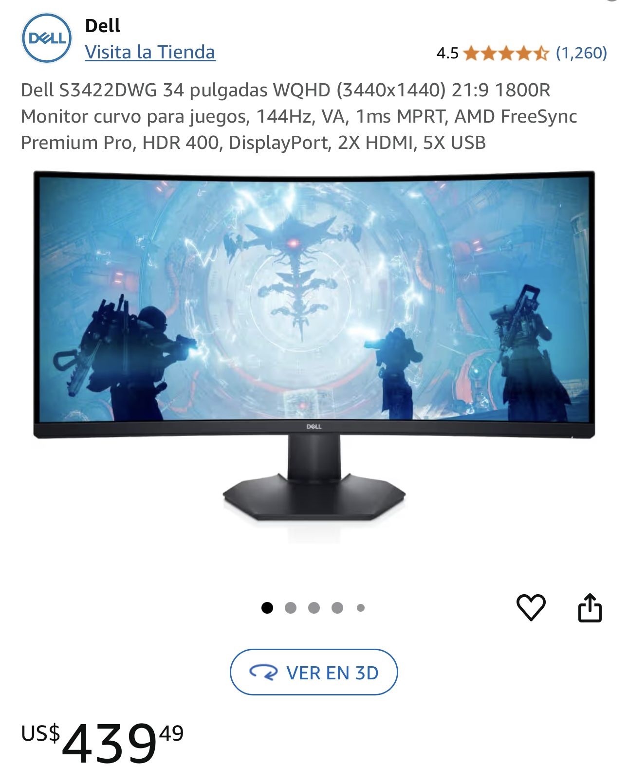DELL S3422DWG. 4K CURVED GAMING Monitor WQHD, 34 Inch, 1ms Response.144 HZ. ( 3440 X 1440 ) VESA Mount AMD FreeSync. PREMIUM Pro COLOR. 5 X USB
