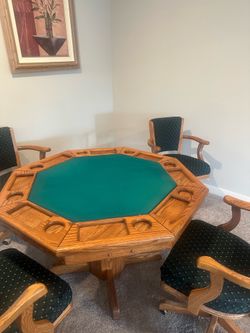 48" Oak Wood reversable Poker Table green felt with chairs