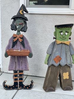 Kirklands Halloween trick or treat candy dish stand wooden witch and Frankenstein