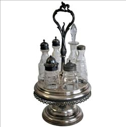 1870s Bancroft, Redfield & Rice Silverplate Cruet Castor Set 6 Etched Bottles