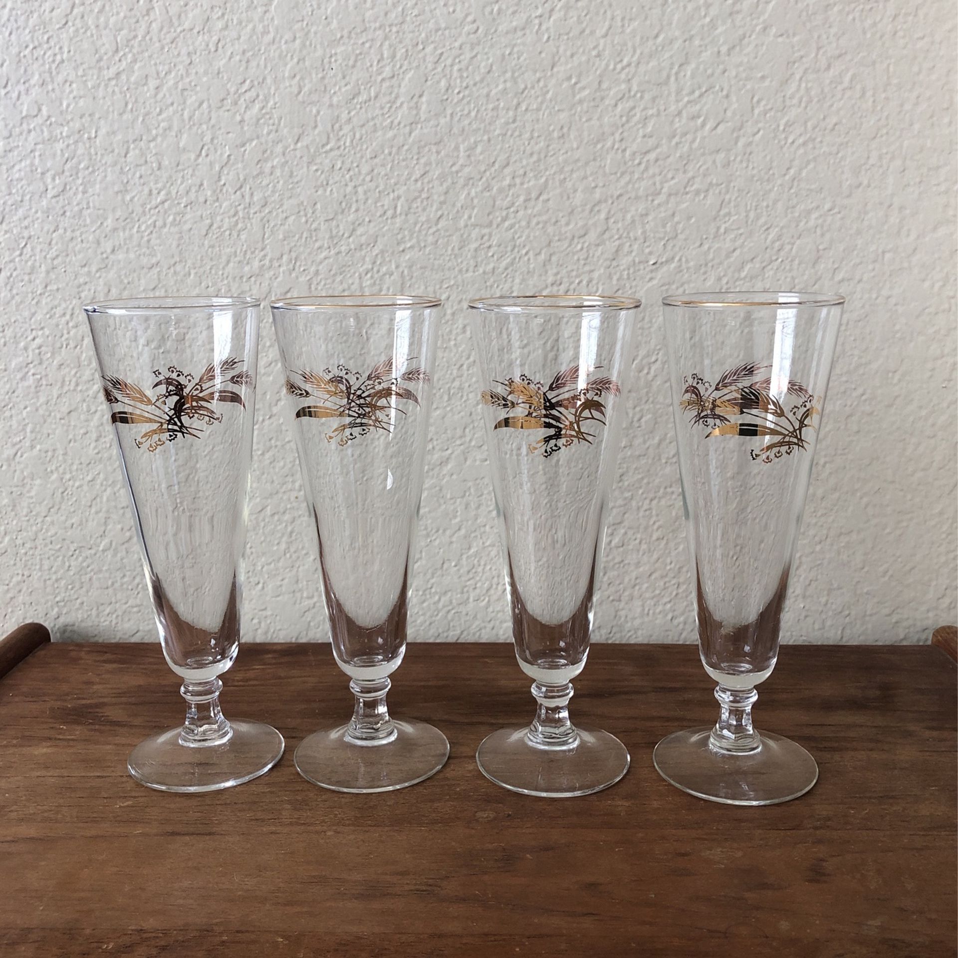 Set Of 4 Vintage Golden Wheat Retro Glassware, MCM Gold Barware, Mid Century, Pilsner Glasses, Beer Glasses