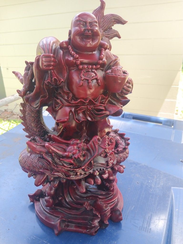 Vintage Red Resin Laughing Buddha Budai Dragon Statue Good Luck