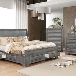 Brand New Grey Upscale 6pc King Size Bedroom Set(Available In Queen & California King)