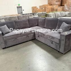 New L Shape Fabric Sectional Sofa With Pullout Sleeper Bed Under Seat Storage Dark Grey Big Furniture Warehouse Sale Discount 