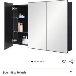 Bathroom Mirror Medicine Cabinet with Round Corner Framed Door 48 x 30 inch, Black，Recessed or Surface Mount, with Adjustable Glass Shelves