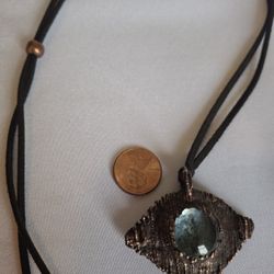 Artisanal Gemstone Necklace Leather Cord, Copper Metal Handmade Ecuador 