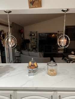 Pair of Brushed Nickel Orb Chandelier Ceiling Hanging Lights