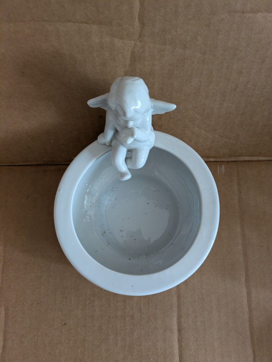 Angel Sitting Atop Of Circular Ceramic Bowl 6" Width 2.5" Height Home Decor