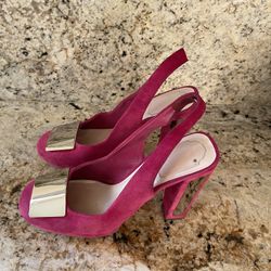 Christian Dior Fuchsia Pink Suede Slingback Heels Silver Logo Plaque Sculptural Heel Pumps EU Size 39.5(Size 9)