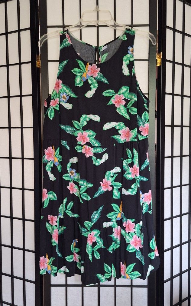 'Old Navy' Black floral sleeveless dress, pink hibiscus & blue parrots Sz. M