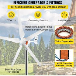 500W Wind Turbine Backup, 420wh SLA Deep Cycle Battery, 3000W/6000W Peak Pure Sine Inverter, Mppt Controller+wall charger