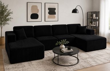 Modern Black Corduroy Modular Sectional Sofa 132”