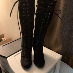 Black Lace-Up Knee High Boots Size 7