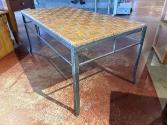 Woven Rattan Top Coffee Table with Distressed Metal Frame