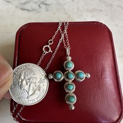 Vintage 925 Sterling silver Native Am. Navajo double sided turquoise and coral cross necklace , 18 in 925 chain , this is tested and guaranteed Sterli