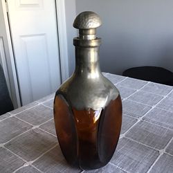 Vintage~Glass Metal Cork Stopper Decanter~Bottle~Amber.  Excellent Condition  NO CHIPS, CRACKS OR DISCOLORATION