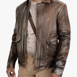 Brown Leather Jacket Men - Vintage Collar Distressed Style Mens Leather Motorcycle Jacket XL