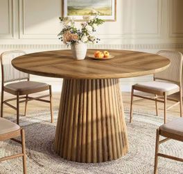 F2458 47" Round Dining Table for 4-6 People, Wood Farmhouse Kitchen Table with Fluted Pedestal Base for Dining Room, Kitchen, Living Room