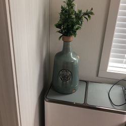 Teal Vase With Fake Plant.