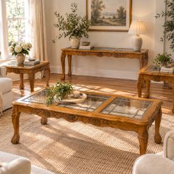Vintage Ornate Carved Wood 4-Piece Living Room Table Set – Glass Inserts, Coffee Table, Console & End Tables