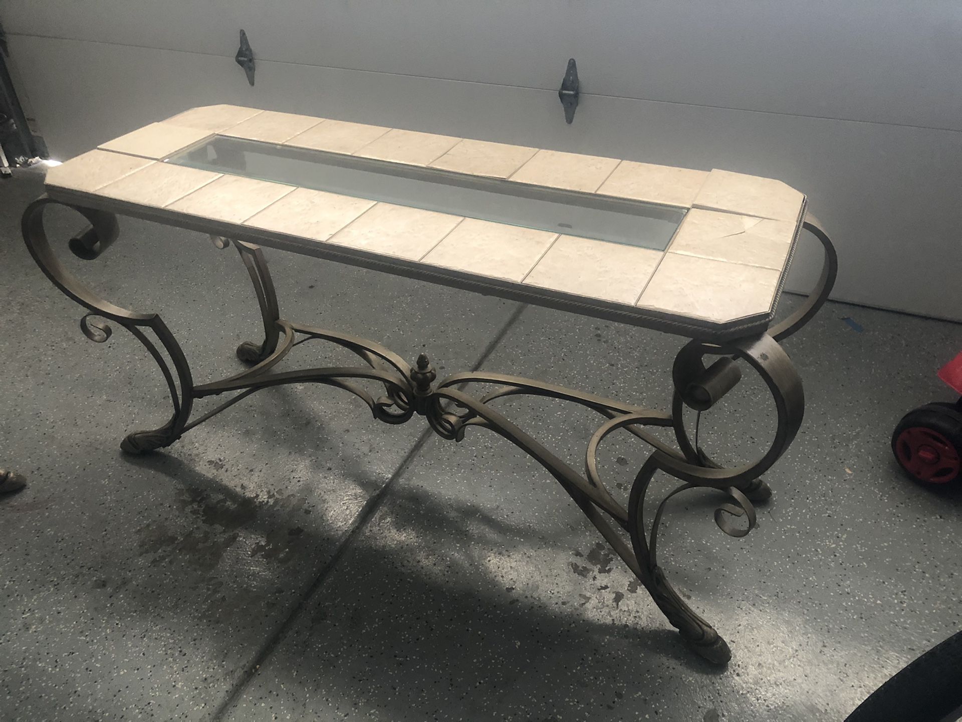 Glass and tile top console table with metal/iron legs