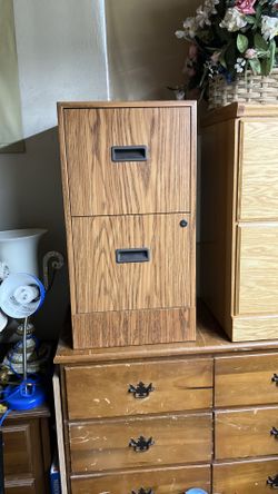 Brown metal two drawer filing cabinet