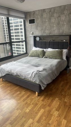Upholstered Queen Bed With Power Outlets and LED Lighting