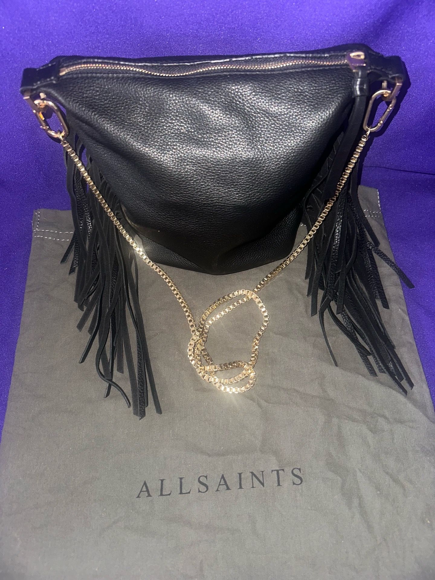All Saints Black Leather Fringed Handbag Purse