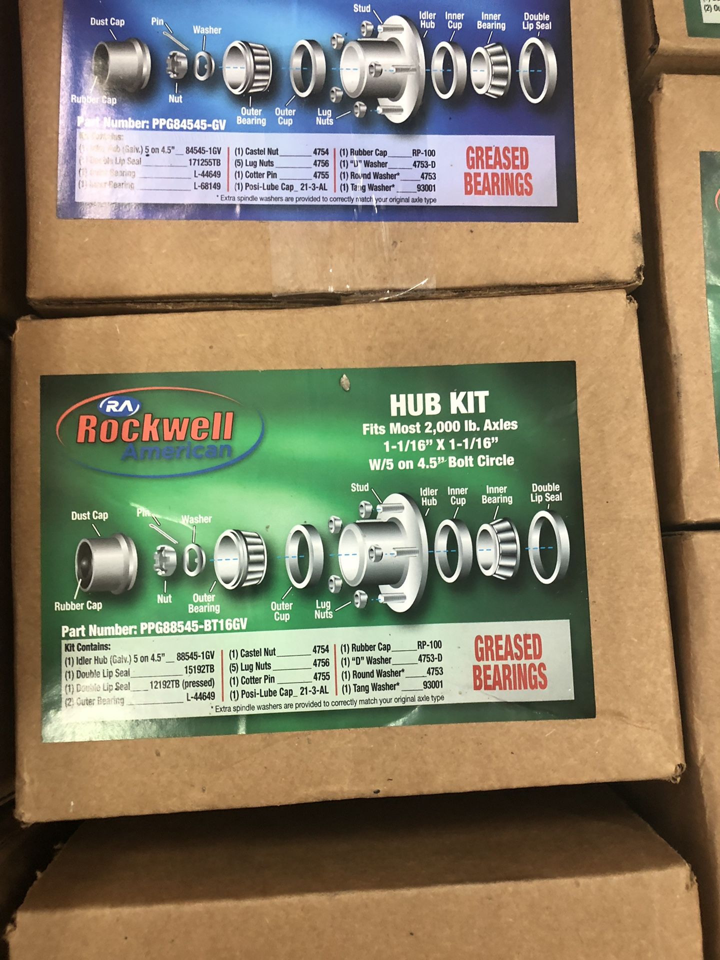 Trailer hub kits in stock. 5 on 4 1/2. Pregreased. Complete with