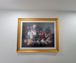 High-quality art print in a gold frame. "Still Life: Flowers and Fruit".