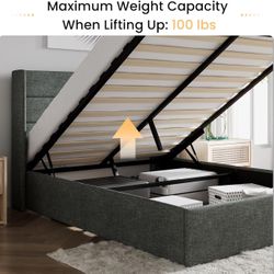 Queen Size Lift Up Storage Bed/Modern Wingback Headboard/Upholstered Platform Bed Frame/Hydraulic Storage/No Box Spring Needed/Wood Slats Support/Dark