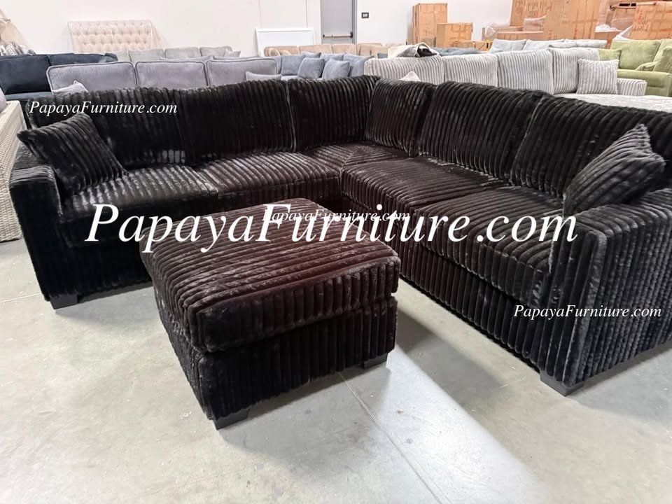 NEW Modern Classic Black Fabric Corner Sectional Sofa and Ottoman Set Ashley style Dark Chocolate Teddy Bear Soft Plush Discount Furniture Warehouse S