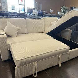 Beige Corduroy Sectional With Pull Out Ottoman