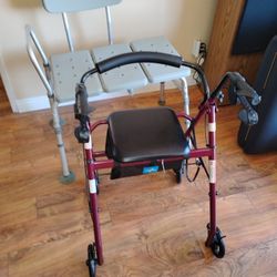 Set - Shower Chair Adj + Foldable Walker w/Seat & Brakes