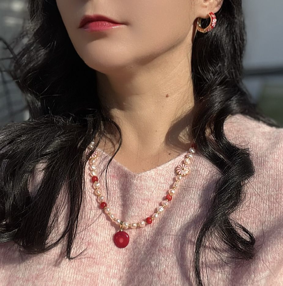 Pink Pearl & Natural Coral Necklace – Floral Charm Design | Perfect Gift for Her