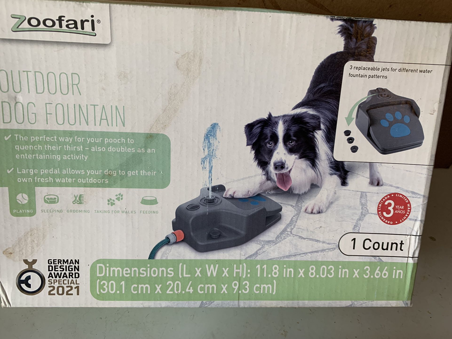 Dog Water Fountain, Dog Steps On Paw Pedal & Water Shoots Up, Various Nozzles For Different Spray Designs