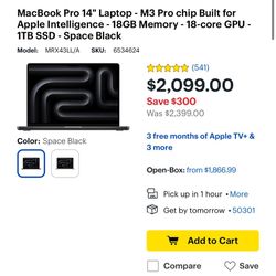 MacBook Pro 14" Laptop - M3 Pro chip Built for Apple Intelligence - 18GB Memory - 18-core GPU - 1TB 