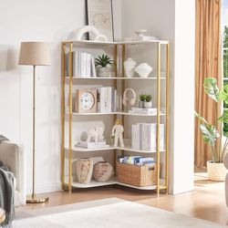 White L-Shaped Bookshelf, Modern Corner Bookshelf 5-Shelf Corner Bookcase for Display CDs Movies wit