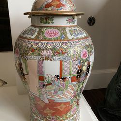 20” Tall Ceramic Vase With Lid With Chinese Portrayal, Birds And Flower Painting 