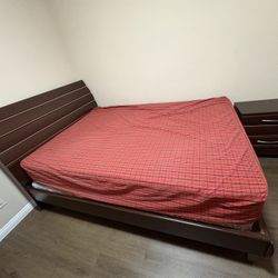 Queen Size Bed Frame + Mattress + Nightstand 