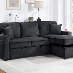 Black Sectional Sofa W/ Pullout Bed & Storage 
