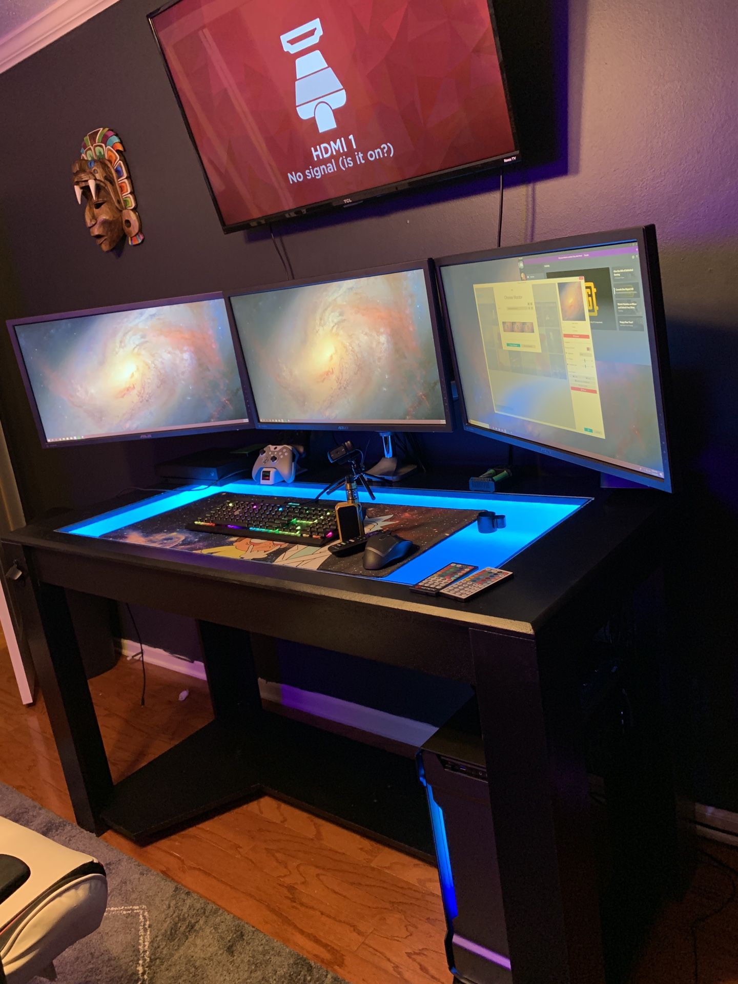 Full Streaming Station with Exotic PC, Xbox 1 X, 3 4K Monitors, 4K Smart TV, DXRacing chair, custom shadow box desk, Scuff Elite Controller