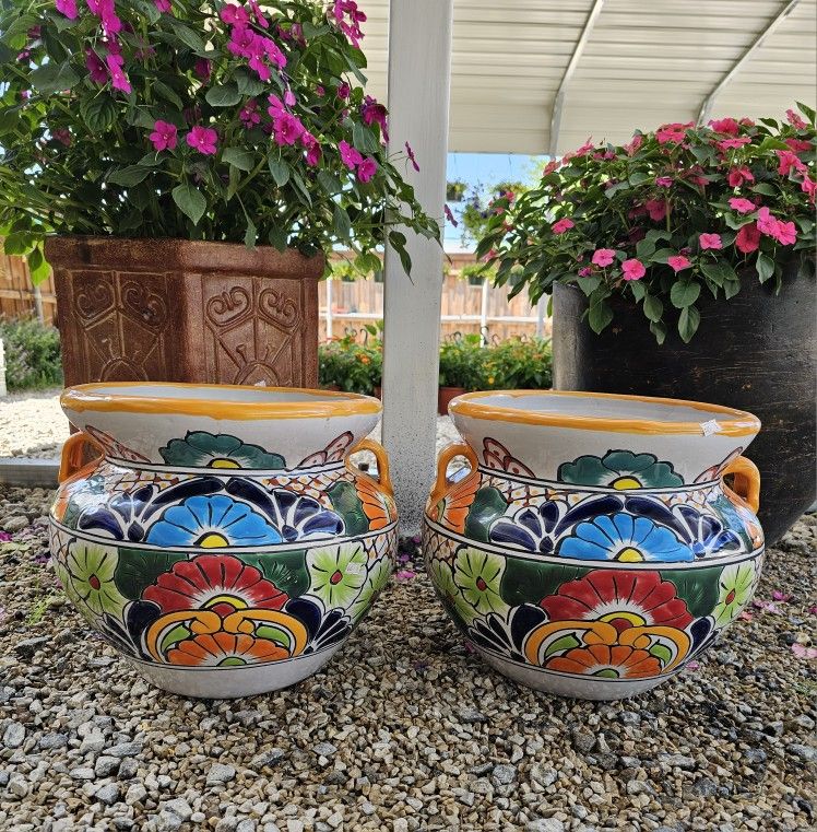 Yellow Rim Talavera Clay Pots, Planters. Plants. Pottery $45 Cada Una