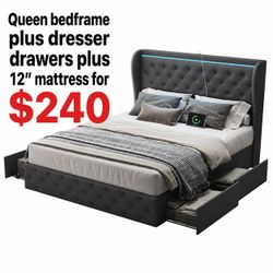 Brand New Queen bed frame plus drawers plus 12” memory foam mattress for $240
