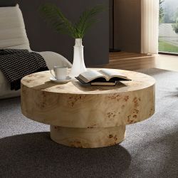 31.49''Mid Century Modern Round Wood Coffee Table with Burl Wood Veneer and Sturdy Pedestal for Living Room Office Apartment