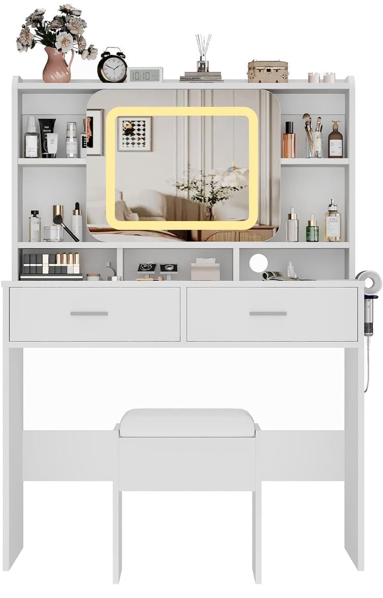 Vanity Sliding Desk and Stool with Mirror